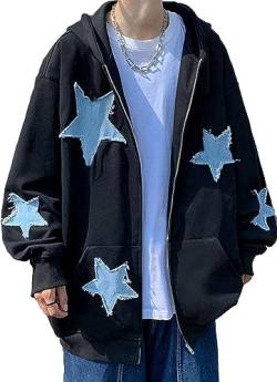 Vagbalena Herren Damen-Kapuzen Pullover mit Reiß Verschluss Y2K Vintage Langarm-Kordel Jacke aus den 2000er Jahren Gothic Punk Trash Kapuzen Jacke (Schwarz,XL) von Vagbalena
