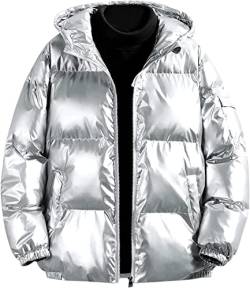 Vagbalena Herren Hoodie Metallic Daunenjacke Warme und leichte wasserdichte Daunenjacke mit Kapuze Voller Reißverschluss Glänzende Steppjacke Daunenjacke (Silber,XXL) von Vagbalena