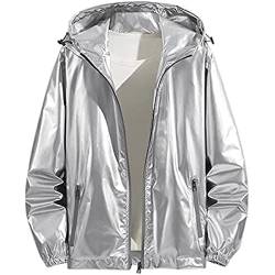 Vagbalena Herren Party Glänzende Kapuzen Langarm Metallic Reißverschluss Jacke Einfarbig Reißverschluss Glänzend Holographisch Kapuzen Trenchcoat Glänzend Kapuzen Lose Herrenmantel (Silber,3XL) von Vagbalena