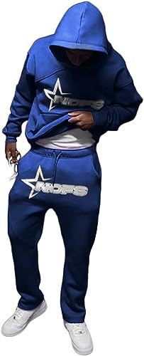 Vagbalena Herren-Sport bekleidung mit monogramm freiem Kapuzen pullover und Joggern lässiges Top und Jogging hose 2-teiliges Set Y2K Hip Hop Streetwear Hoodie Trainings Sweatshirt (Blau,L) von Vagbalena