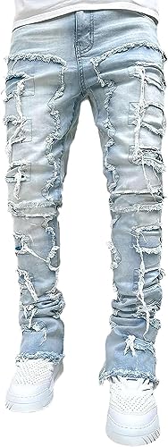 Vagbalena Herren Stretch Jeans mit geschnittenen Slim Fit Stretch Jeans mit dünnem Denim-Bleistift-Hose mit gerolltem Farbstoff gespleißt gestapelt mit geradem Bein dünne Jeans (Hellblau,M) von Vagbalena