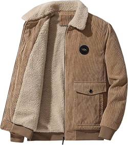 Vagbalena Herren Winterjacken Sherpa gefütterte Cordjacke Revers Langarm Thermojacke Revers Fleece gefütterte wattierte Jacke Jacke (Khaki,L) von Vagbalena