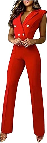 Vagbalena Jumpsuit Damen Hochzeit Party Mode Eleganter Langer Bodysuit V-Ausschnitt Festlicher Overall Damen Hochzeitsgast Jumpsuit Ärmelloses Hosenset (Rot,L) von Vagbalena