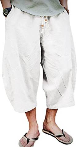 Vagbalena Lässige Herren-Sommerhose mit Kordelzug und Taschen 3/4-Leinenhose Entspannte Strandhose Leichte Bohemian-Hose Punk-Hose (Weiß,XL) von Vagbalena