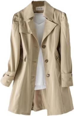 Vagbalena Mode Langer Damen Trenchcoat Eleganter Einreihiger Mantel Revers Winddichter Mantel Langarm Mittel Langer Herbstmantel Arbeit Büro Erbsenmantel (Khaki,4XL) von Vagbalena