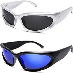 Vagbalena Paar 2 Paar Y2K Rundum-Sonnenbrille Punk Visier Sonnenbrille Sport Futuristisch Oval Brille Damen Herren 2022 Mode Shades Silber (Set 2,Eine Größe) von Vagbalena