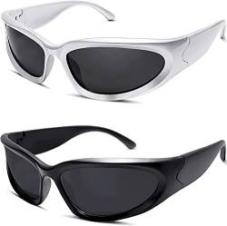 Vagbalena Paar 2 Paar Y2K Rundum-Sonnenbrille Punk Visier Sonnenbrille Sport Futuristisch Oval Brille Damen Herren 2022 Mode Shades Silber (Set 4,Eine Größe) von Vagbalena