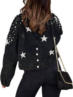 Vagbalena Übergroße Jeansjacke mit Perlen für Damen langärmlig verzierte Jeansjacke mit Sternen bestickte Sterne geprägte Perlen-Jeansjacke (Schwarz,M) von Vagbalena