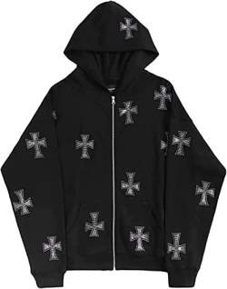 Vagbalena Zip Hoodie Punkjacke Cross Print Übergroßer Y2k Loose Herrenmode Sweatshirt Paar Streetwear (Schwarz, XL) von Vagbalena