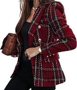 Vagbalena Zweireihiger Damenblazer Büroarbeitsjacke Blazer Büroarbeitsjacke Freizeitblazer Slim-Fit Revers Karierte Jacke (Wein rot,S) von Vagbalena