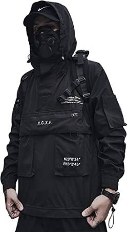 Vagbalena der Kampf Wasserdicht Mit Kapuze Techwear Jacke, Japanischen Streetwear Zip Up Windjacke Jacke für Männer, Sportswear Casual Jacke hip-hop Sweatshirt Black,L von Vagbalena