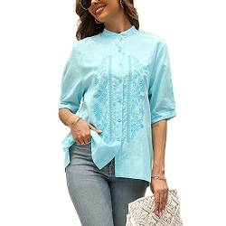 Damen Bestickte Button Down Shirts Kurzarm Leinen Baumwolle Bluse V Ausschnitt Basic Einfache Arbeitshemd Einfarbig Tops, Hell, blau, Mittel von Vakakado