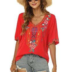 Sommer Damen Mexikanische Bestickte Shirts V Ausschnitt Halbarm Shirt Bauern Boho Tops Bohemian Bluse Lose Tunika, 443, Groß von Vakakado