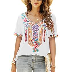 Sommer Damen Mexikanische Bestickte Shirts V Ausschnitt Halbarm Shirt Bauern Boho Tops Bohemian Bluse Lose Tunika, 443-wt, XX-Large von Vakakado