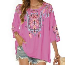 Vakakado Boho Stickerei Bluse Hippie Kleidung Damen 70er 80er Jahre Bekleidung Bohemian Folklore Besticktes Tunika 3/4Ärmel elegant Oberteile, Rosa-3XL von Vakakado