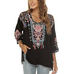 Vakakado Boho Stickerei Bluse Hippie Kleidung Damen 70er 80er Jahre Bekleidung Bohemian Folklore Besticktes Tunika 3/4Ärmel elegant Oberteile, Schwarz-3XL von Vakakado