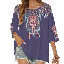 Vakakado Boho Stickerei Bluse Hippie Kleidung Damen 70er 80er Jahre Bekleidung Bohemian Folklore Besticktes Tunika 3/4Ärmel elegant Oberteile, Violett-2XL von Vakakado