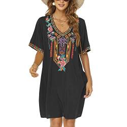 Vakakado Damen Bohemian Bestickte Kleider Traditionelle Blumen Kurzarm Röcke Boho Hippie Stil Casual Fiesta Kleid, 446-schwarz, Groß von Vakakado