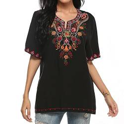 Vakakado Damen Boho Bestickte Tops Mexikanischer Bauernstil Bohemian Kurzarm Shirt Hippie Kleidung Sommer Tunika Blusen, 198 - bk, XX-Large von Vakakado