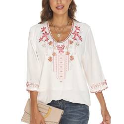 Vakakado Damen Mexikanische bestickte Shirts 3/4 Ärmel V-Ausschnitt Mexiko Bauer Boho Braun Tops Böhmische Bluse Lose Tunika, Weiß-355, Groß von Vakakado