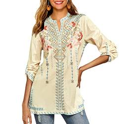 Vakakado Damen Mexikanische Stickerei Hemden 3/4 Ärmel V Ausschnitt Mexiko Bauer Boho Tops Bohemian Bluse Lose Tunika, gelb, XX-Large von Vakakado