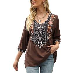 Vakakado Damen Mexikanische bestickte Shirts 3/4 Ärmel V-Ausschnitt Mexiko Bauer Boho Braun Tops Böhmische Bluse Lose Tunika, Braun, 324, Mittel von Vakakado