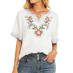 Vakakado Damen Sommer Boho Stickerei Mexikanisch Bohemian Tops Bauer Halbarm V-Ausschnitt Shirt Tunika Blusen (3XL, 321-Weiß) von Vakakado