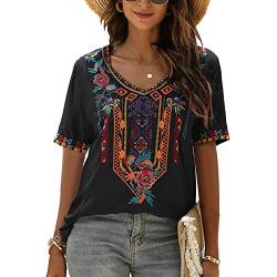 Vakakado Damen Sommer Boho Stickerei Mexikanisch Bohemian Tops Bauer Halbarm V-Ausschnitt Shirt Tunika Blusen (3XL, 443-Schwar) von Vakakado