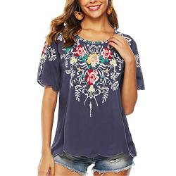 Vakakado Damen Sommer Boho Stickerei Mexikanisch Bohemian Tops Bauer Halbarm V-Ausschnitt Shirt Tunika Blusen (S, 082-Grau) von Vakakado