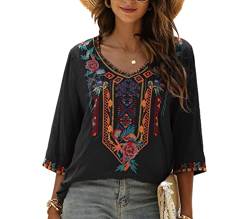 Vakakado Damen mexikanische bestickte Oberteile Bohemian-Stil Bauern-3/4-Ärmel V-Ausschnitt Shirt Tunika Blusen, Schwarz, Mittel von Vakakado