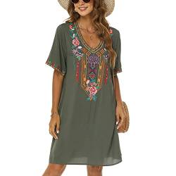 Vakakado Frauen Sommer Boho Mexican Peasant Dress Kurzarm Floral Bestickte Flowy Kleider Lose Hippie Bohemian Tunika (2XL, 446-Grün) von Vakakado