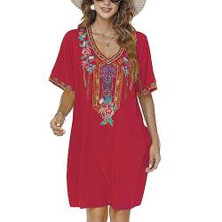 Vakakado Frauen Sommer Boho Mexican Peasant Dress Kurzarm Floral Bestickte Flowy Kleider Lose Hippie Bohemian Tunika (3XL, 446-Rot) von Vakakado