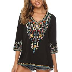 Vakakado Hippie Kleidung Damen Bohemian Folklore Stickerei Bluse 3/4 äRmel V Ausschnitt Tunika Sommer LäSsige Oberteil(054,Schwarz,L) von Vakakado