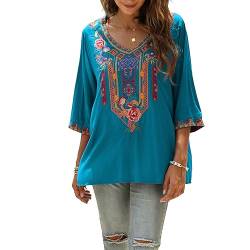 Vakakado Hippie Kleidung Damen Bohemian Folklore Stickerei Bluse 3/4 äRmel V Ausschnitt Tunika Sommer LäSsige Oberteil(328,Blau,2XL) von Vakakado