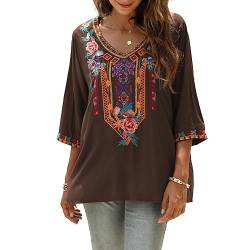 Vakakado Hippie Kleidung Damen Bohemian Folklore Stickerei Bluse 3/4 äRmel V Ausschnitt Tunika Sommer LäSsige Oberteil(328,Braun,3XL) von Vakakado