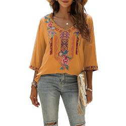 Vakakado Hippie Kleidung Damen Bohemian Folklore Stickerei Bluse 3/4 äRmel V Ausschnitt Tunika Sommer LäSsige Oberteil(328,Orange,2XL) von Vakakado