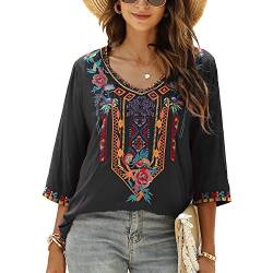 Vakakado Hippie Kleidung Damen Bohemian Folklore Stickerei Bluse 3/4 äRmel V Ausschnitt Tunika Sommer LäSsige Oberteil(328,Schwarz,S) von Vakakado