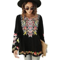 Vakakado Mexico Frauen böhmische Besticktes Shirt Folklore Blumen Tunika Top Boho Blusen 3/4 Ärmel V-Ausschnitt (3XL, 330-Schwarz) von Vakakado