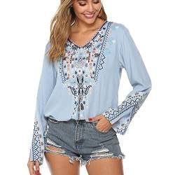 Vakakado Mexico Frauen böhmische Besticktes Shirt Folklore Blumen Tunika Top Boho Blusen 3/4 Ärmel V-Ausschnitt (M, 095-Blau) von Vakakado