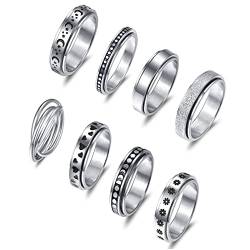 Vakki 8Pcs Edelstahl Entspannungsring für Damen Frauen Silber Fidget Spin Ring Set Moon Star Ring Double Interlocking Rolling Damen Antistress Ring Größe 57 (18.1) von Vakki