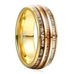 Vakki 8mm Wolfram Ring Herren Plattierter 14K Gold Ring ring koa holz mit deer antler für Ehering, Partnerringe, Geburtstag, Größe 60(19.1) von Vakki