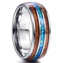 Vakki Eheringe Holz Damen Silber Herren Wolframcarbid Ringe Eingelegter Blauer Opal Geschenk für Valentinstag Weihnachts Größe 61(19.4) von Vakki