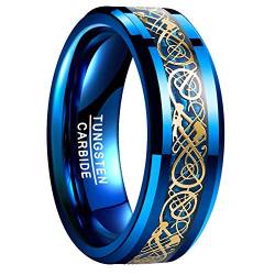 Vakki Herren/Damen Wolfram Ring Blau 8mm mit Keltischer Drachen Inlage Damen Vorschlag Versprechen Eheringe Größe 55(17.5) von Vakki