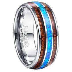 Vakki Herren Damen Ring Silber Holz 8mm Wolframkarbid Opal Ring Ehering Verlobungsring Größe 57(18.1) von Vakki