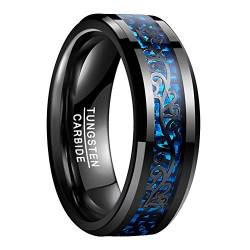 Vakki Ring 8mm Schwarz Poliert Wolframcarbid Ehering Schwarzes Rankenmuster und Blaue Kohlefaser Einlage 59(18.8) von Vakki