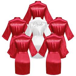 6 Stück Brautdusche Bademantel für Braut und Brautjungfer Robe mit Strass Getting Ready Kimono-Kleid, Rotes Braut-Set, Einheitsgröße von Valennia