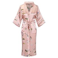 Damen-Bademantel, lang, seidig, Satin, Kimono, Blumenmuster, Nachtwäsche, Pink Feather1, Small von Valennia