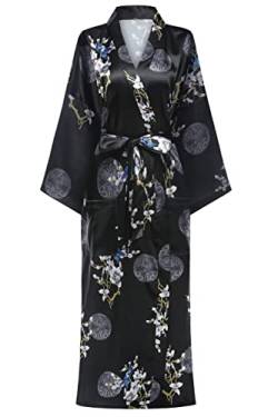 Damen-Bademantel, lang, seidig, Satin, Kimono, Blumenmuster, Nachtwäsche, Schwarz Floral2, Medium von Valennia