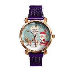 Valentigrl Damen Frohe Weihnachten Quarzuhr Weihnachtsmann Hirsch Mode Legierung Band Frauen Armbanduhren, violett, One size von Valentigrl