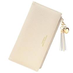 Damen-Geldbörse, niedlich, elegant, lang, schmal, Kartenhalter, minimalistisch, Münzbörse, dünne Quasten, Reißverschluss, Clutch, Geldbörse für Mädchen und Damen, Beige, L, Modern von Valentoria